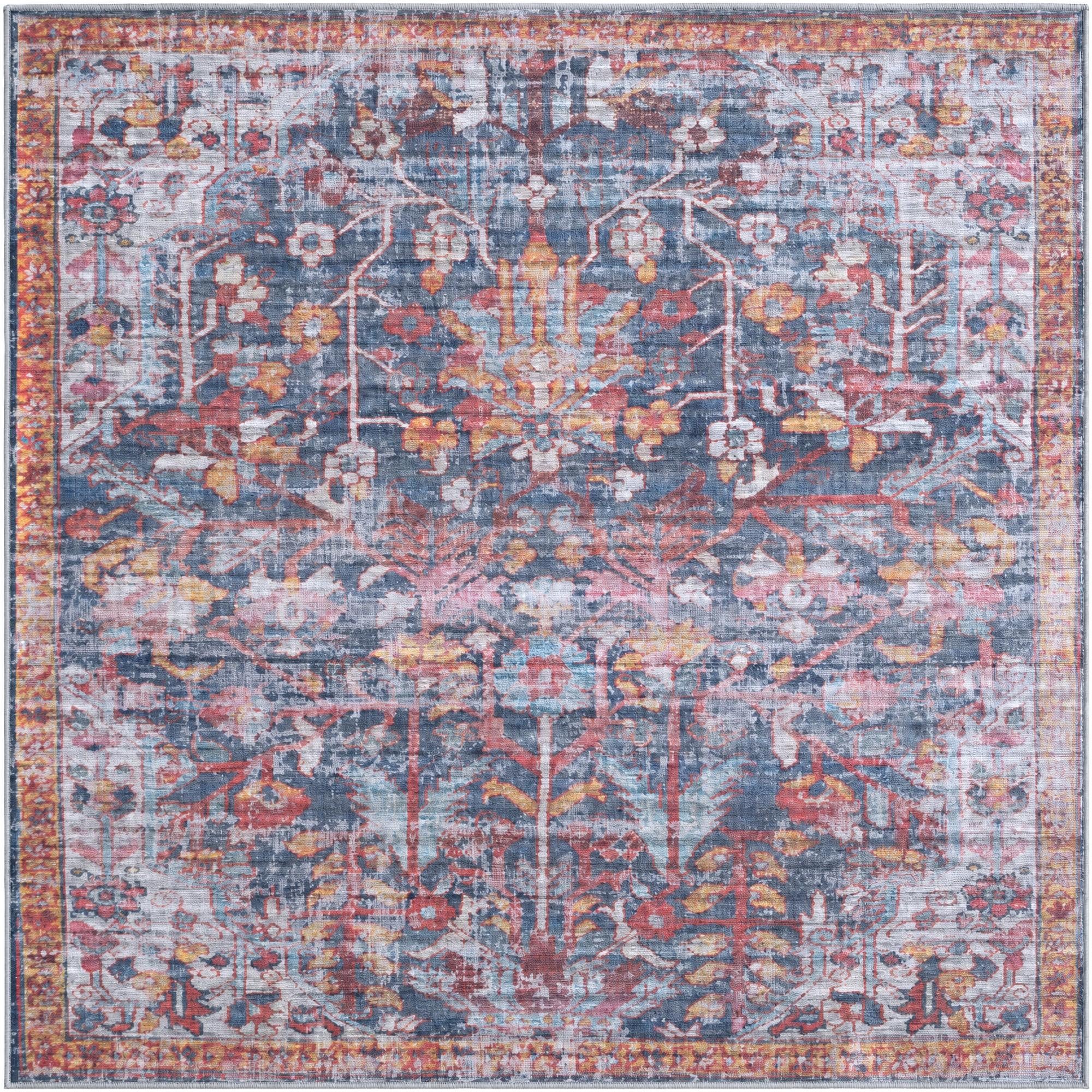 Massey · Distressed floral rug, navy and rust