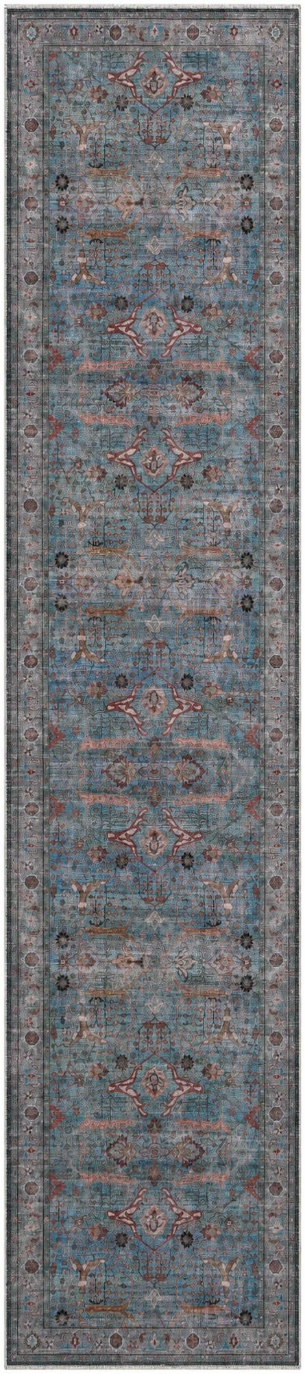 2' 7 x 12' Mayfield · Distressed floral rug, blue and rust