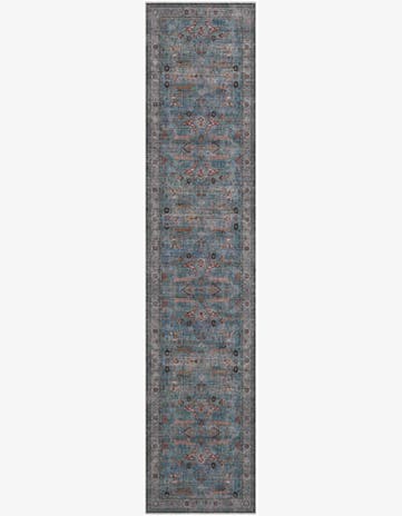 2' 7 x 12' Mayfield · Distressed floral rug, blue and rust