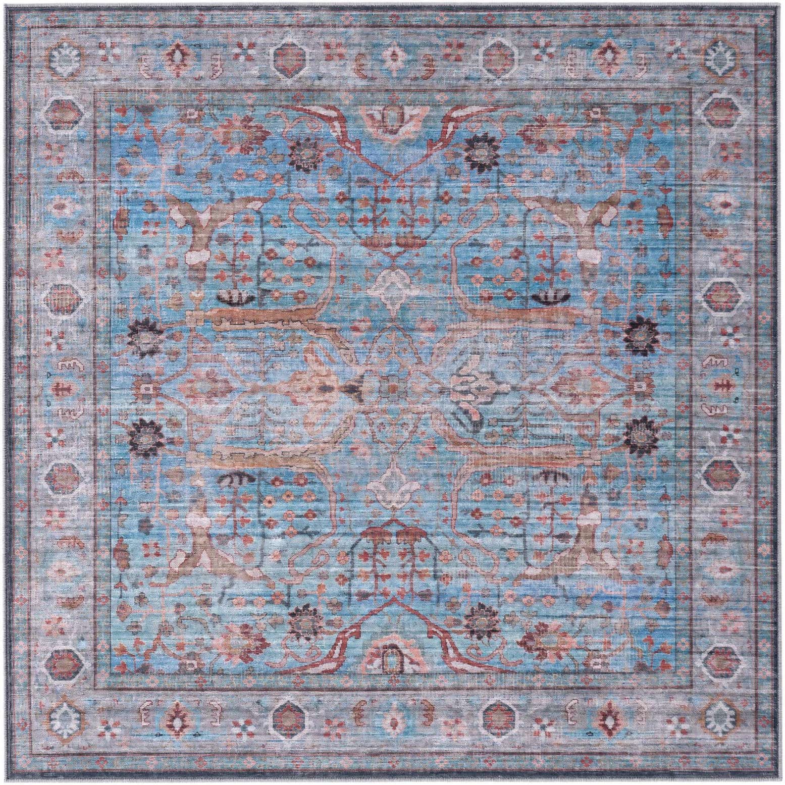 6' x 6' Mayfield · Distressed floral rug, blue and rust