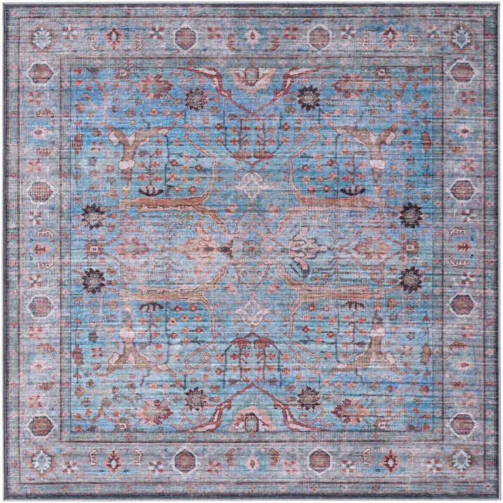 6' x 6' Mayfield · Distressed floral rug, blue and rust