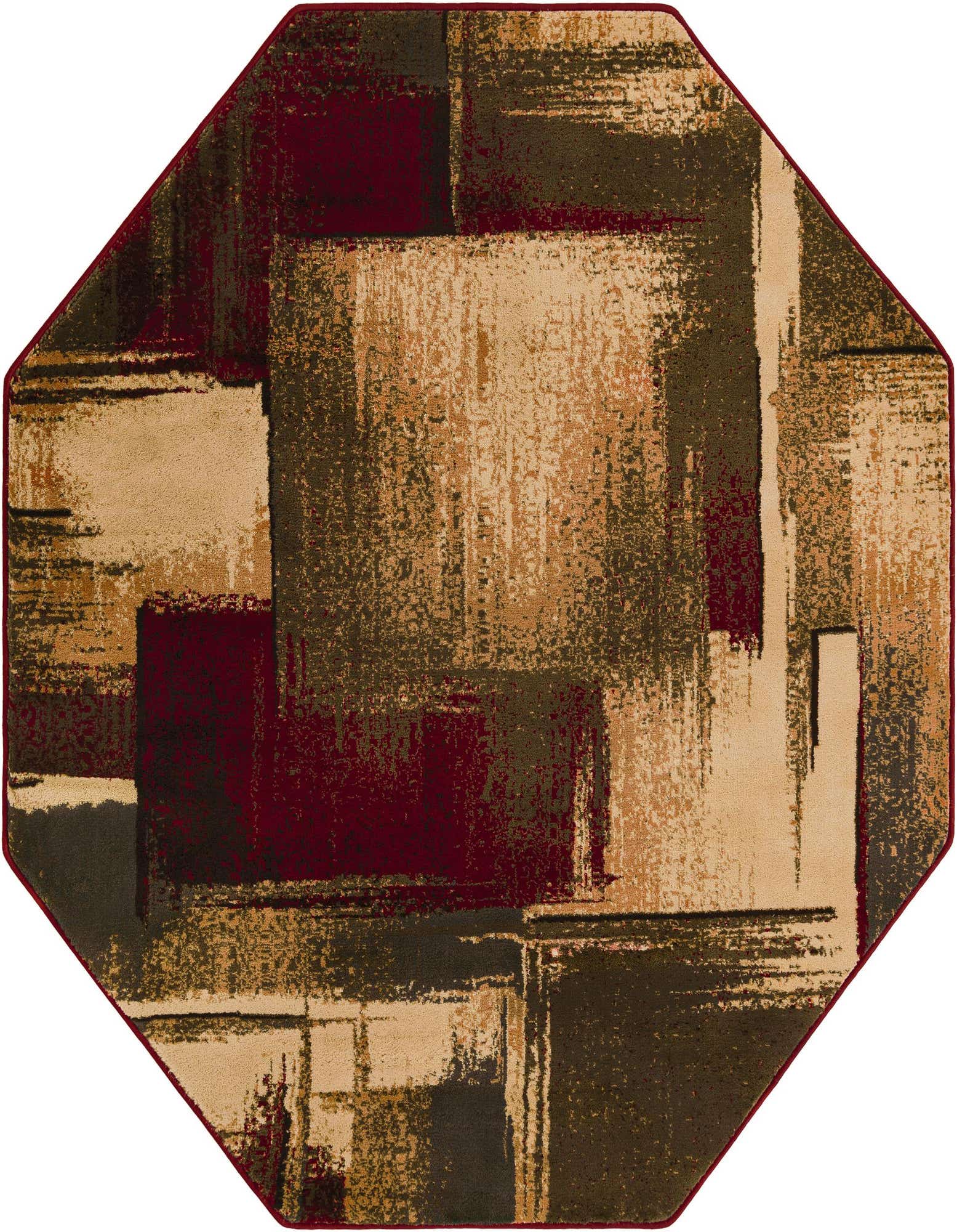 A 6' 0 x 6' 0 octagon rug with an abstract, multi-colored pattern in shades of beige, brown, and deep red, suitable for an indoor living space.