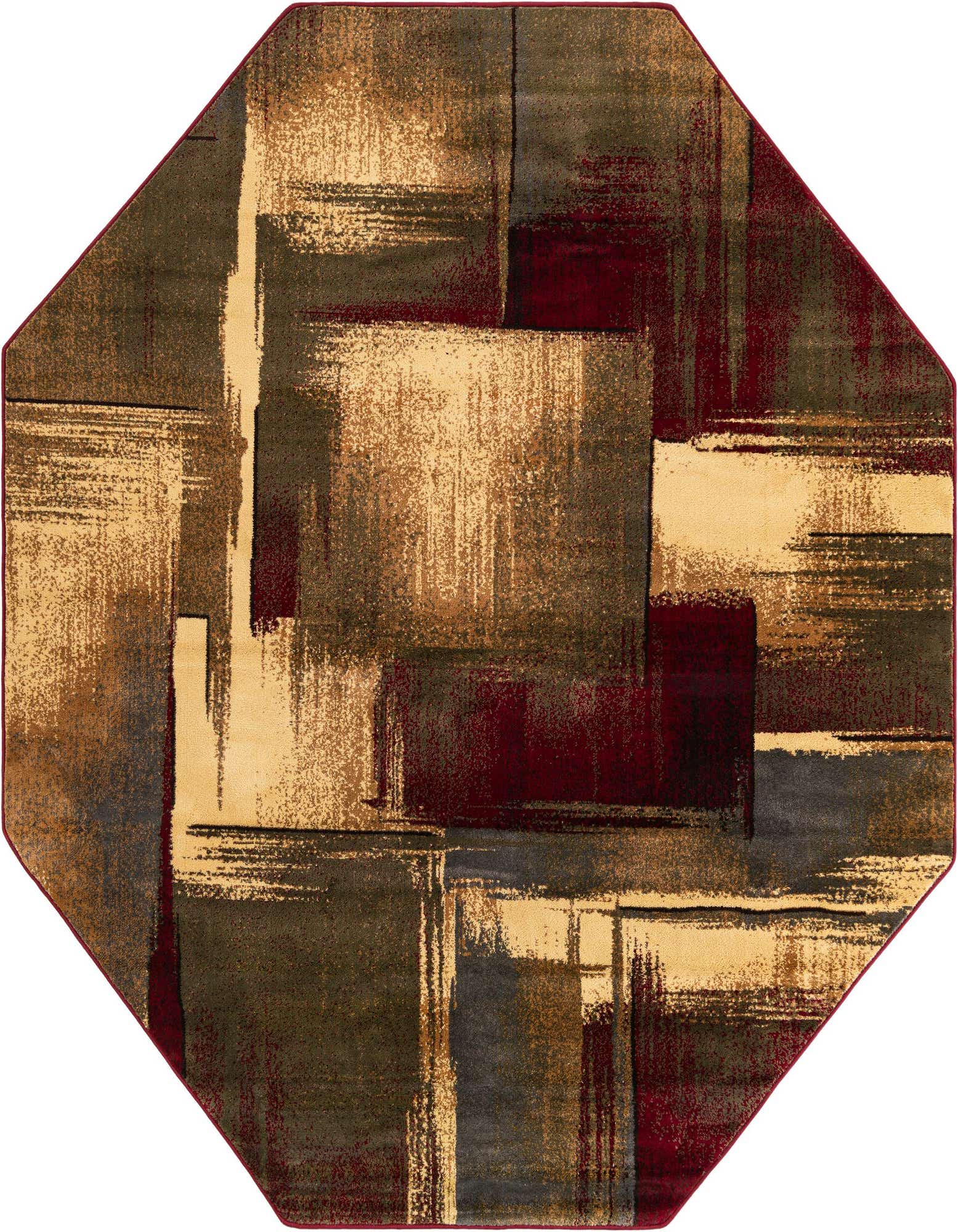 Octagon-shaped modern abstract rug with brushstroke patterns in cream, brown, dark red, and gray tones.