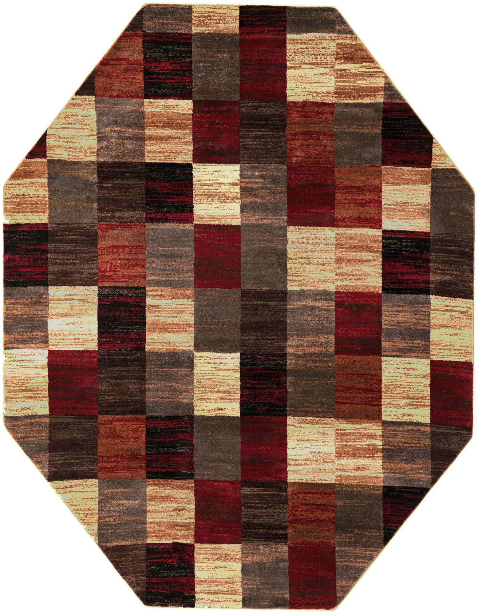A 7' 10 x 7' 10 octagon rug with a modern multi-colored checkered pattern in shades of red, brown, black, and cream.