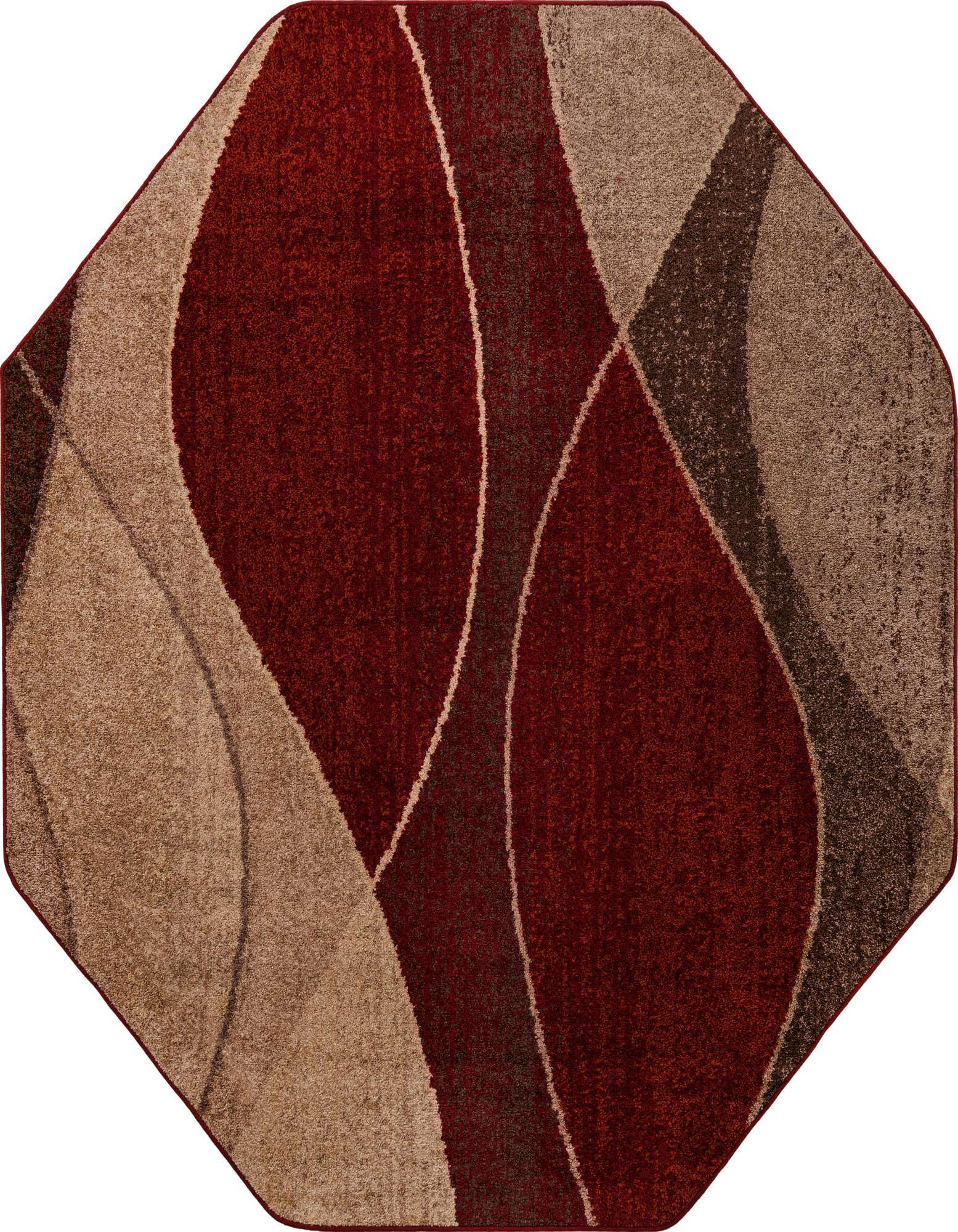 Octagon rug with a modern abstract pattern in shades of red, beige, and brown, ideal for a living room.