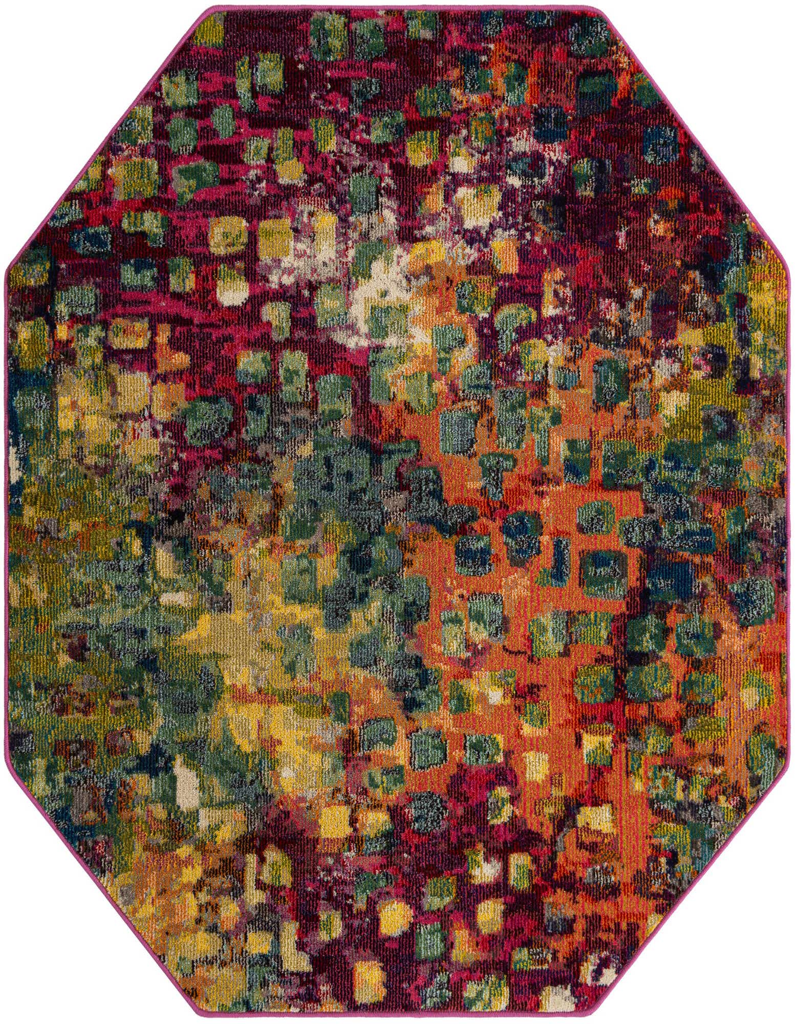 A multi-colored octagon rug with an abstract, modern pattern of squares in shades of red, orange, green, and yellow.