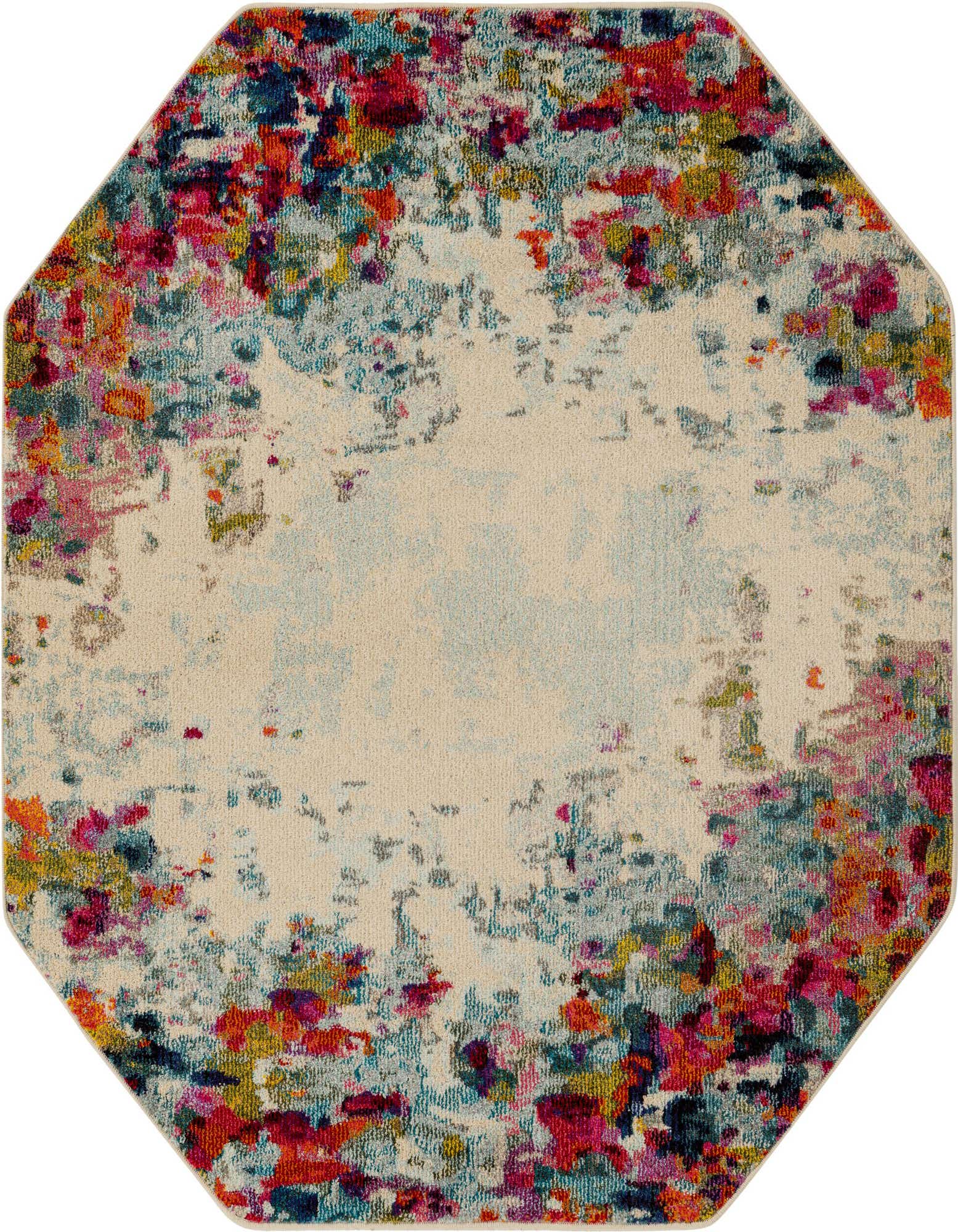 Octagon-shaped area rug with a multi-colored abstract floral pattern on a light beige background, featuring vibrant pink, blue, and orange hues.