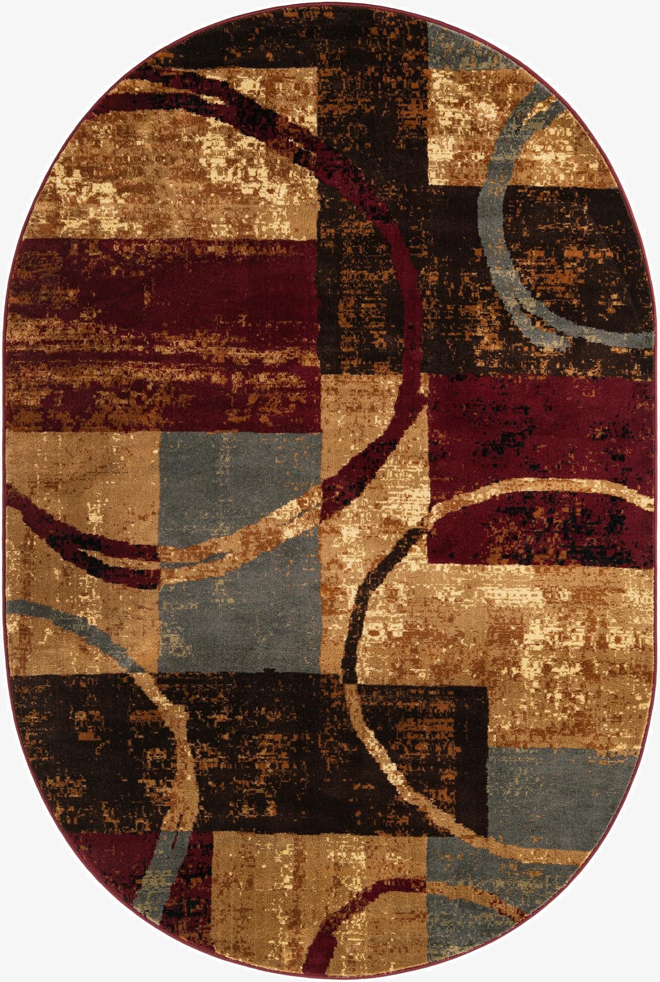 An oval multi-colored rug featuring abstract blocks of brown, gold, maroon, and gray, with swirling lines.