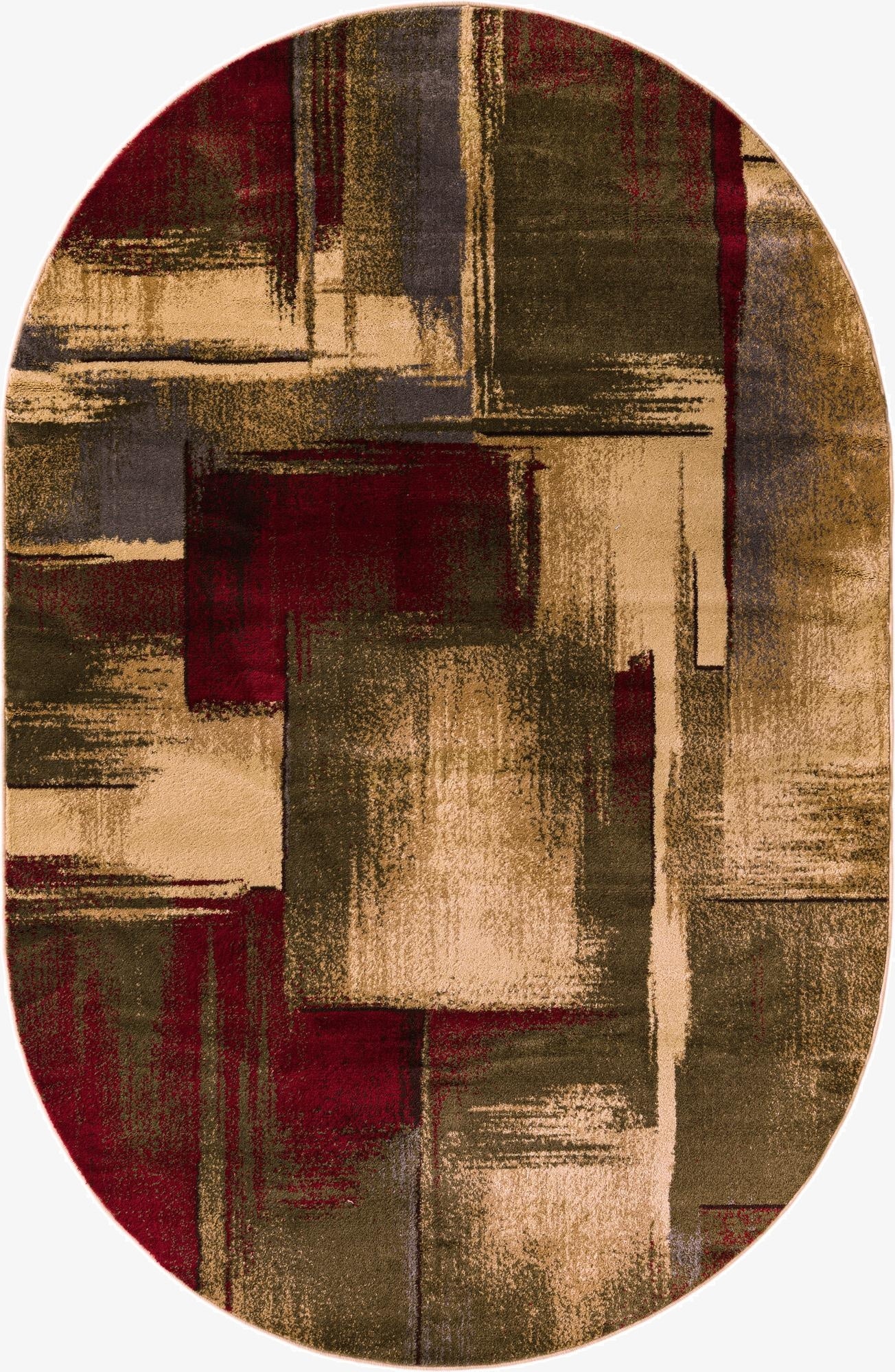 An oval multi-colored rug with an abstract, transitional design featuring brushstroke-like blocks of beige, dark red, olive green, and gray.