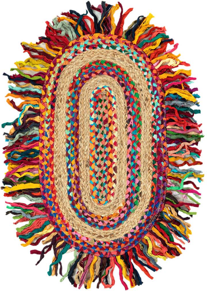 2' x 3' 1 Hand Braided Chindi Jute Oval Rug
