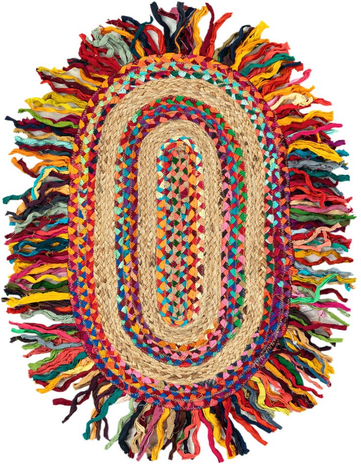Detail image of 2' x 3' 1 Hand Braided Chindi Jute Oval Rug
