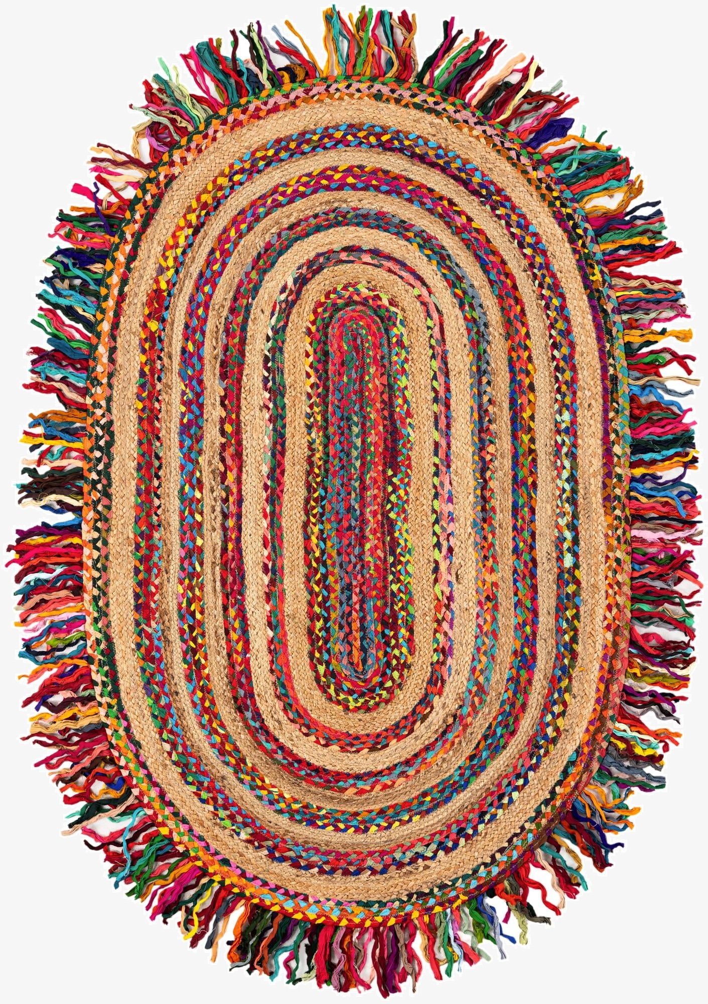 4' 1 x 6' 1  Hand Braided Chindi Jute Oval Rug