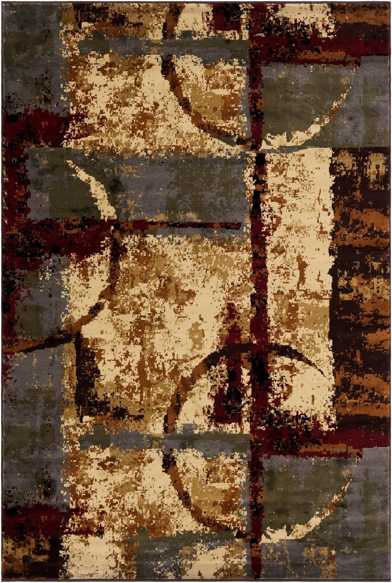 A 6x9 rectangular multi-colored abstract rug with a distressed pattern featuring shades of beige, brown, gray, and deep red, suitable for a living room.