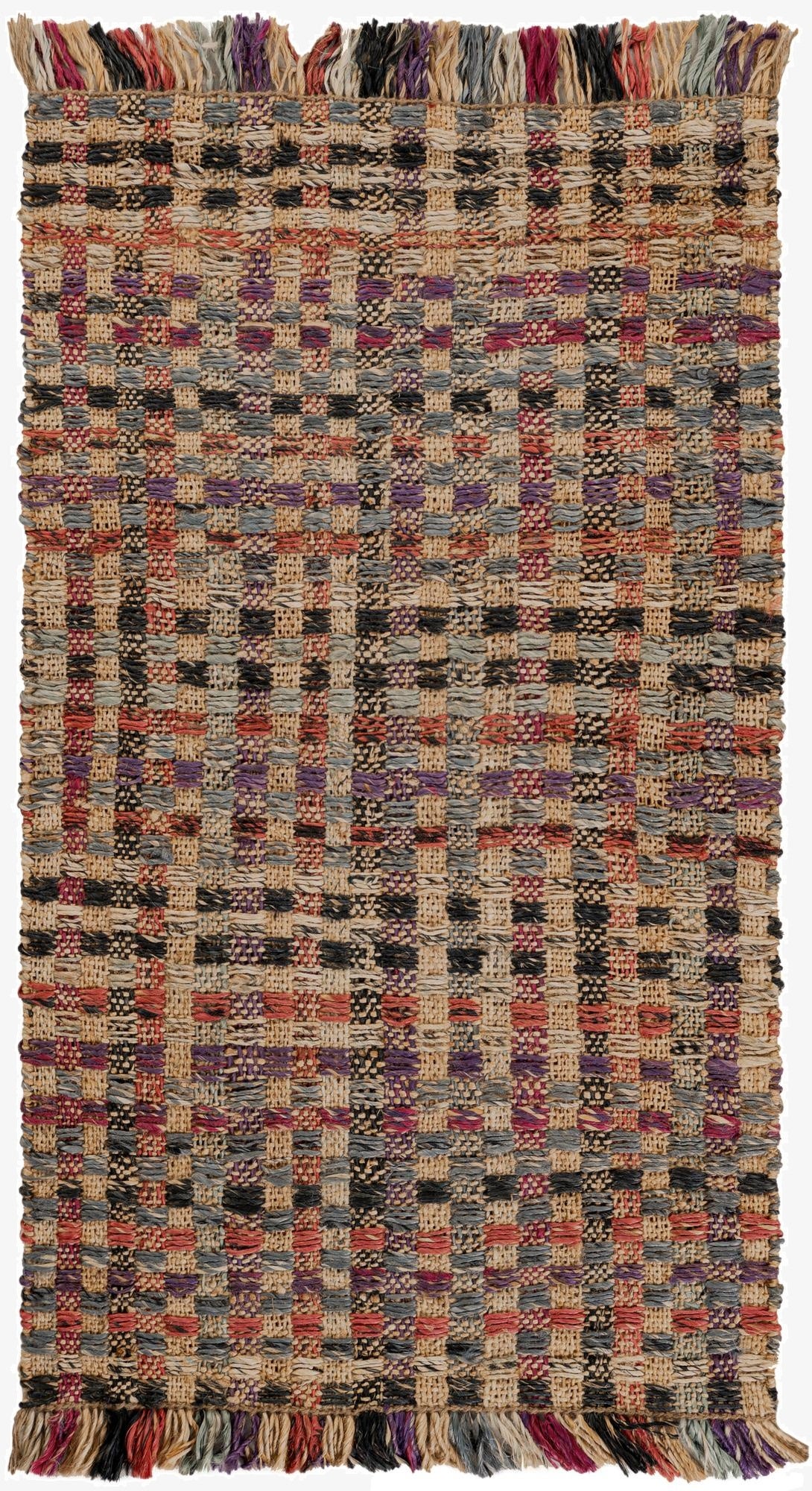 A 3x5 rectangular Chunky Jute rug featuring a multi-colored modern checkered pattern with fringes, suitable for indoor spaces.