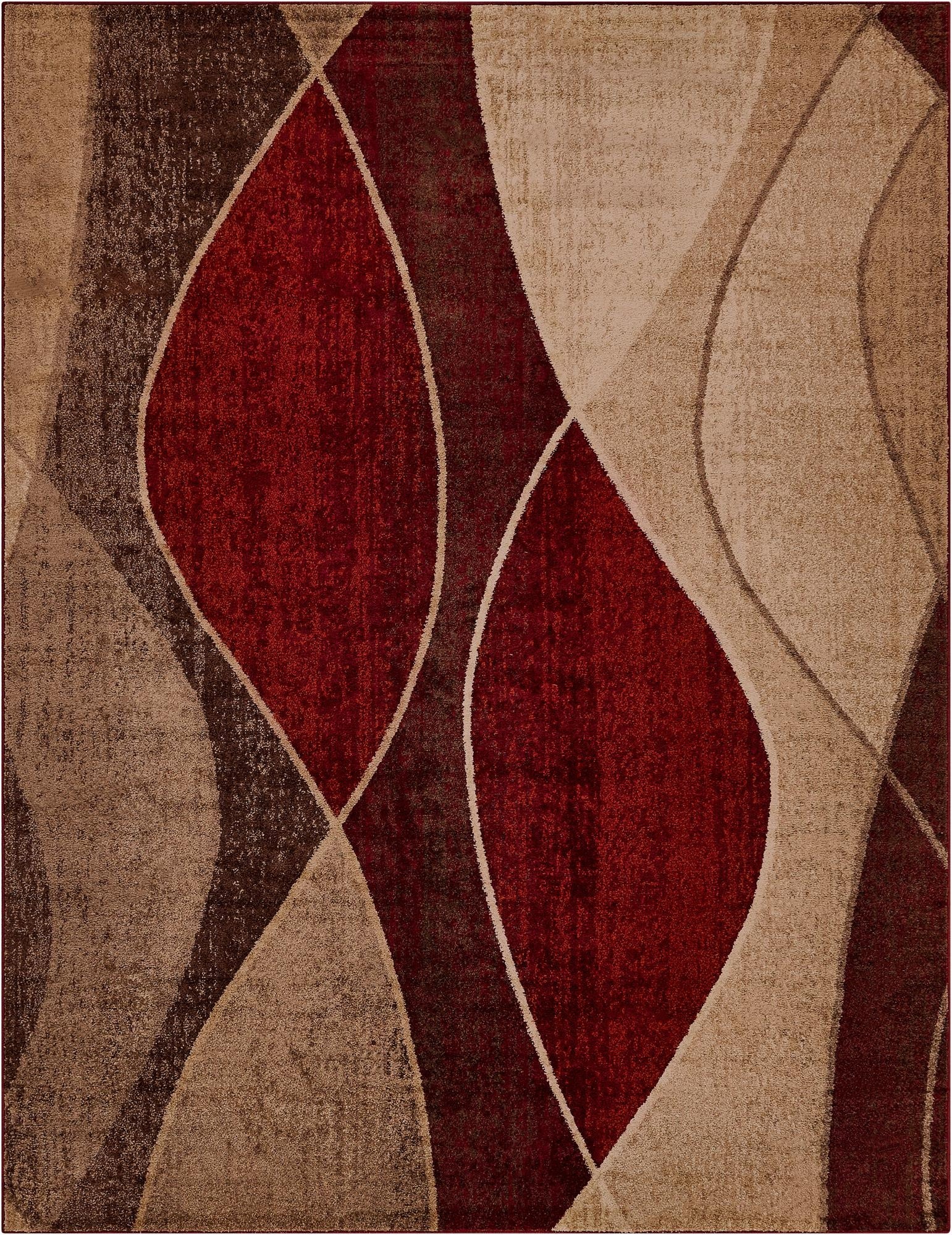 A 9x12 rectangular area rug featuring a modern abstract pattern with large, flowing shapes in deep red, dark brown, and light beige.