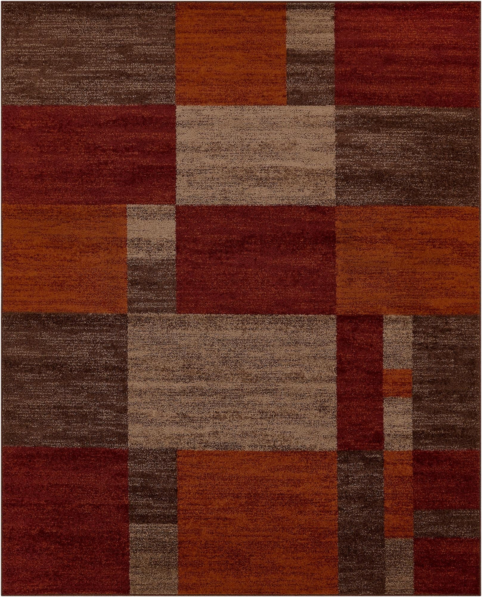 A rectangular 8x10 modern area rug featuring a multi-colored geometric block pattern in shades of brown, rust, and beige.