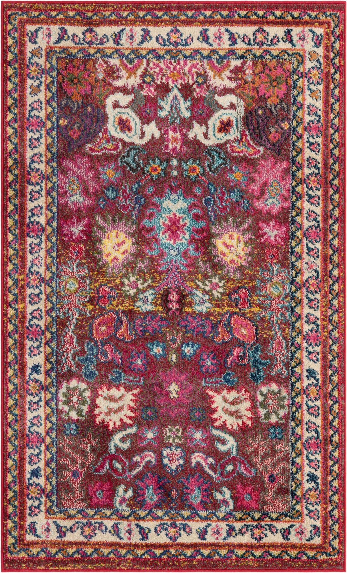 A vibrant 3x5 rectangular multi-colored Bohemian rug with intricate floral and botanical patterns, ideal for a kitchen or entryway.