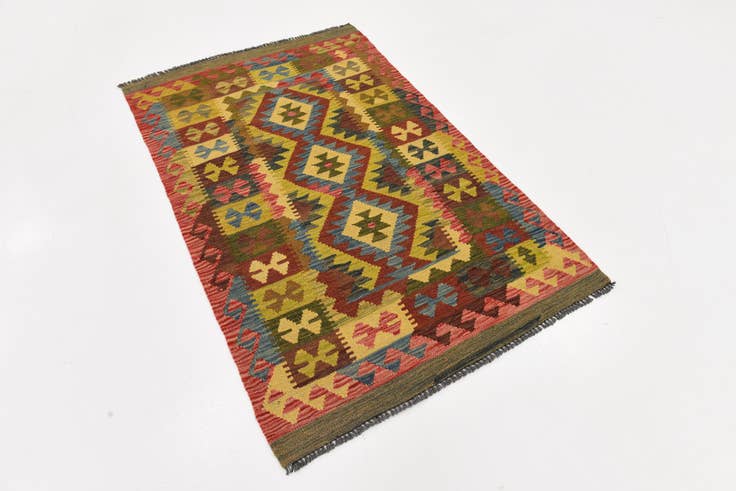 Detail image of 3' 2 x 4' 10 Hand Woven Kilim Maymana Wool Rug