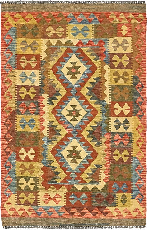 Detail image of 3' 2 x 4' 10 Hand Woven Kilim Maymana Wool Rug
