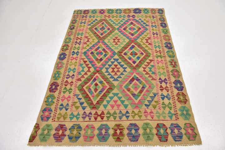 4' 2 x 6' 2 Hand Woven Kilim Maymana Wool Rug