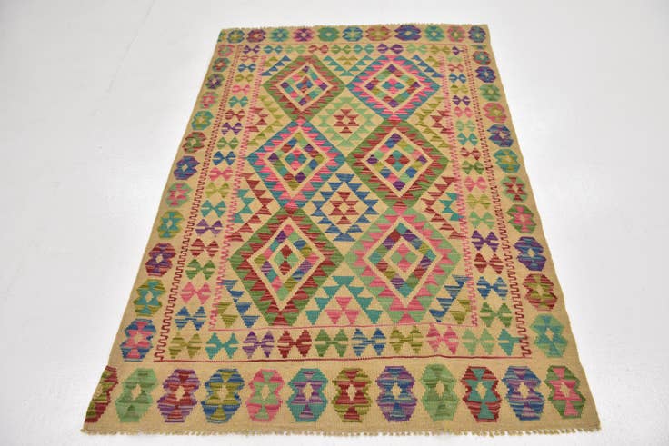Detail image of 4' 2 x 6' 2 Hand Woven Kilim Maymana Wool Rug
