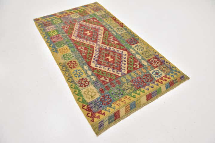 3' 7 x 6' 4 Hand Woven Kilim Maymana Wool Rug