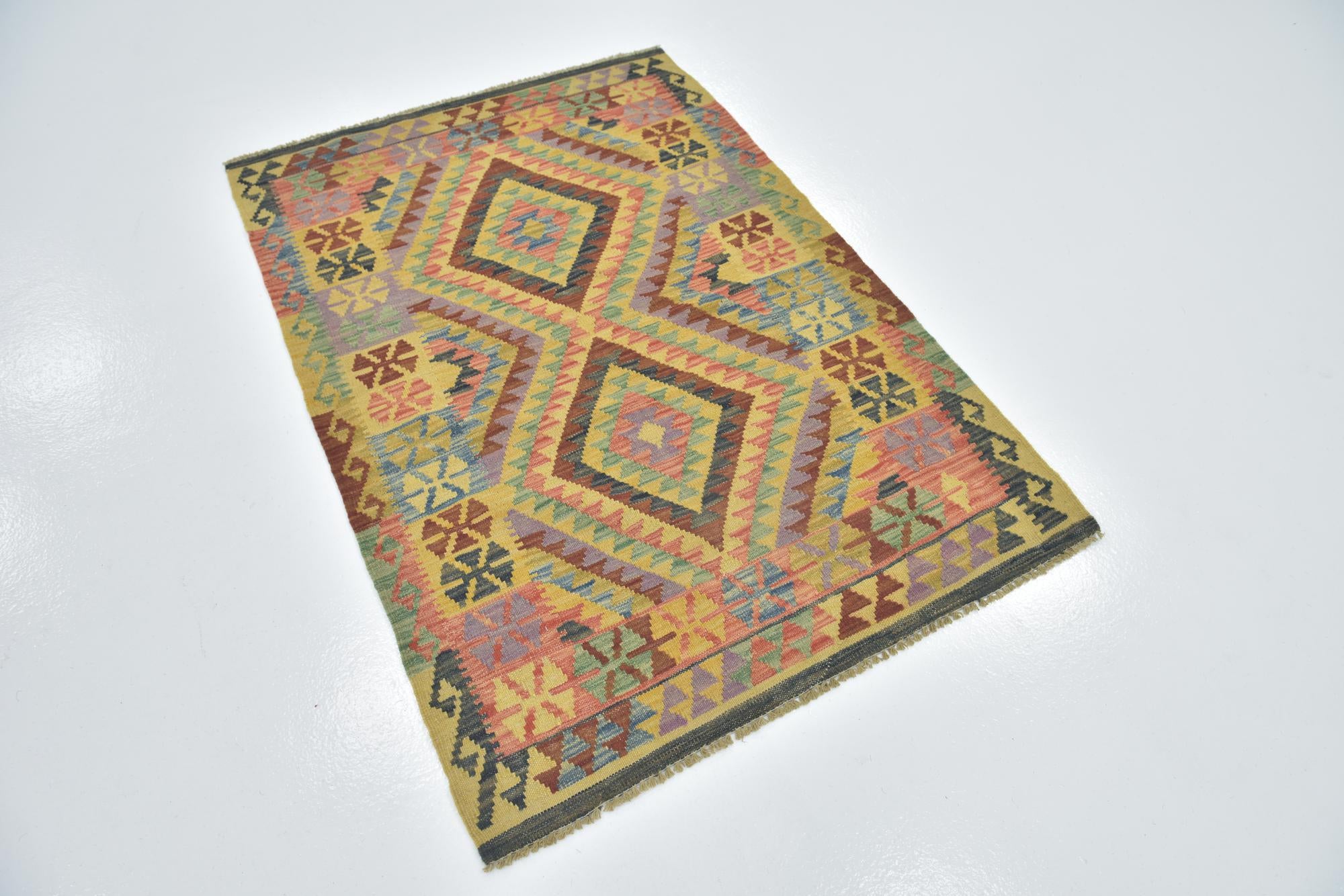 3' 4 x 4' 10 Hand Woven Kilim Maymana Wool Rug