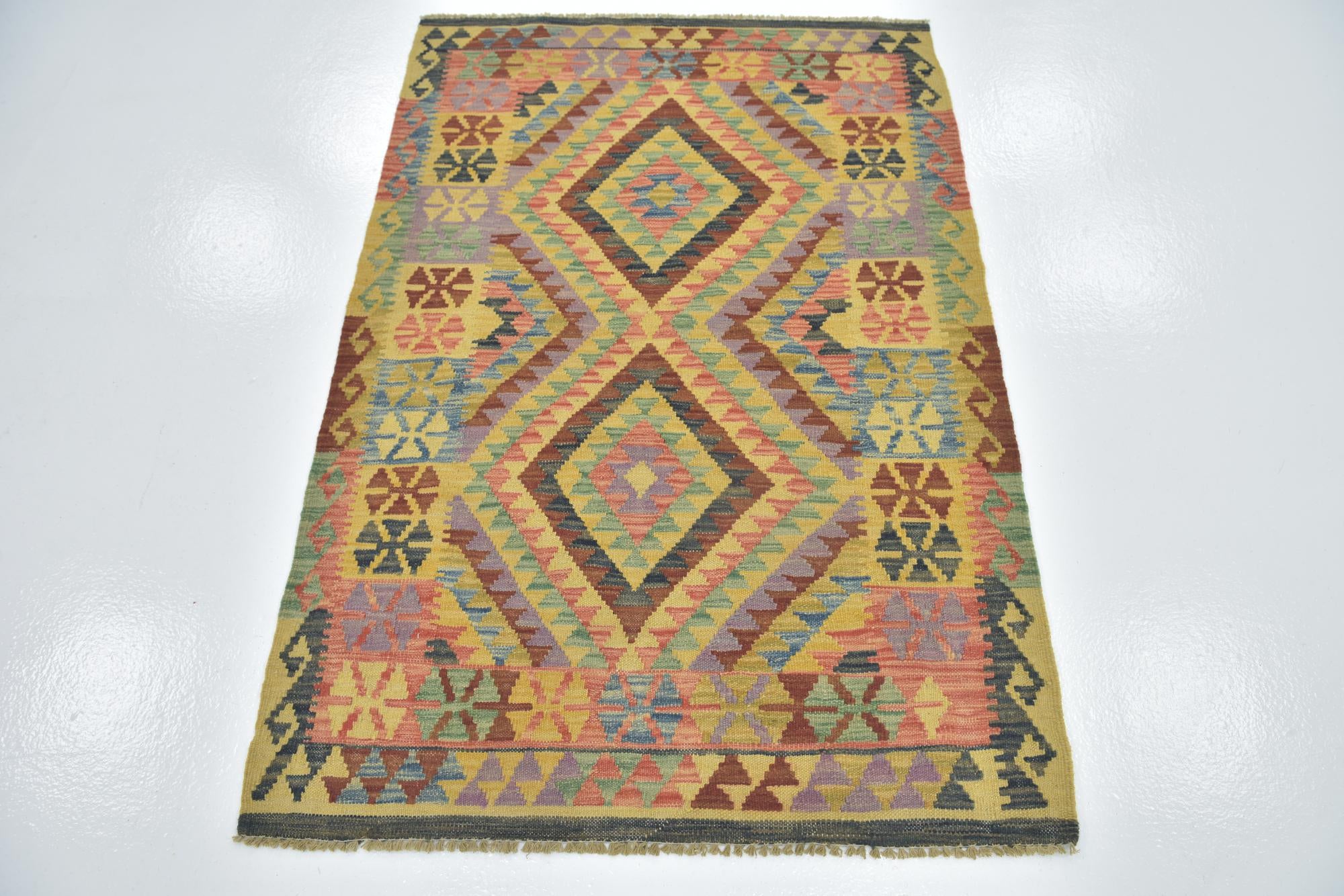 3' 4 x 4' 10 Hand Woven Kilim Maymana Wool Rug