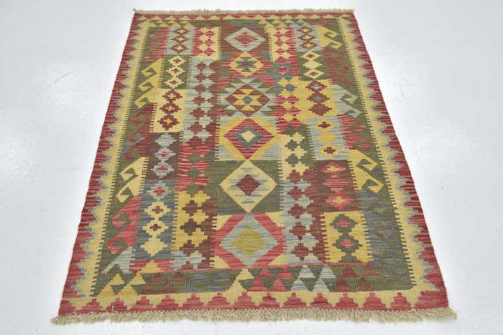 3' 4 x 4' 10 Hand Woven Kilim Maymana Wool Rug