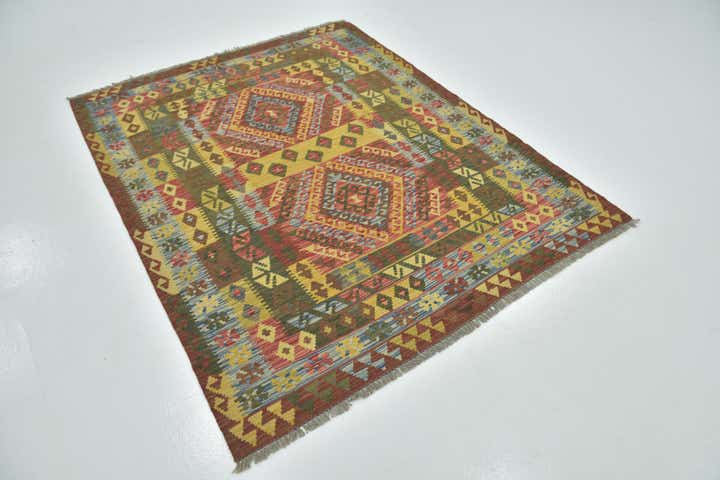 5' 2 x 6' 7 Hand Woven Kilim Maymana Wool Rug