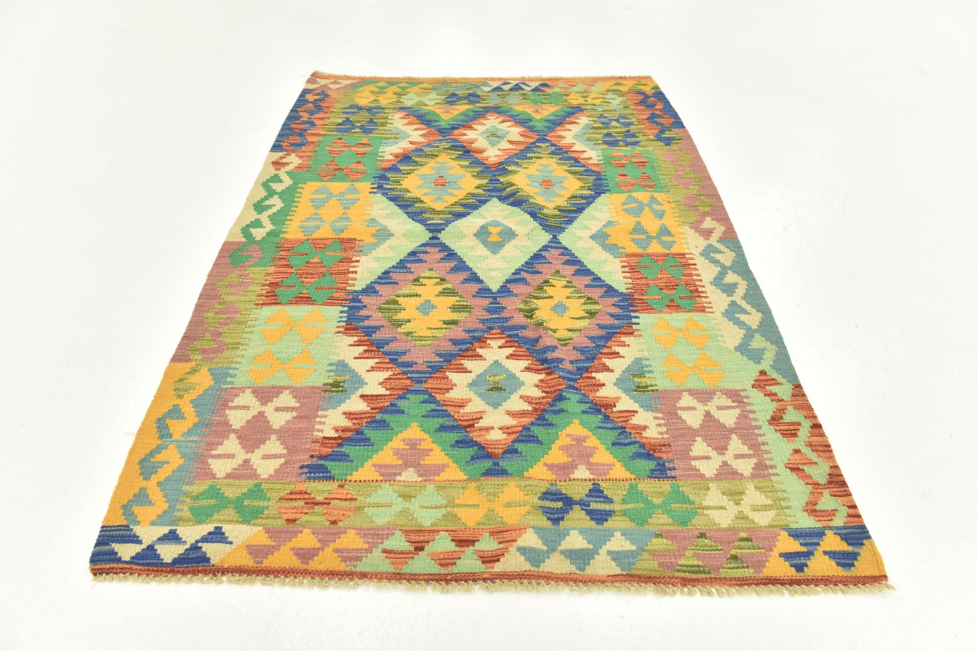 3' 8 x 5' 3 Hand Woven Kilim Maymana Wool Rug