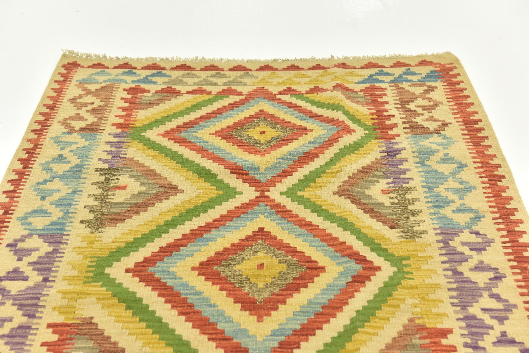 3' 3 x 6' 5 Hand Woven Kilim Maymana Wool Rug