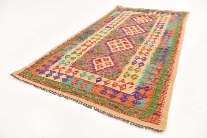 3' 8 x 6' 8 Hand Woven Kilim Maymana Wool Rug