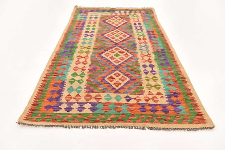 3' 8 x 6' 8 Hand Woven Kilim Maymana Wool Rug