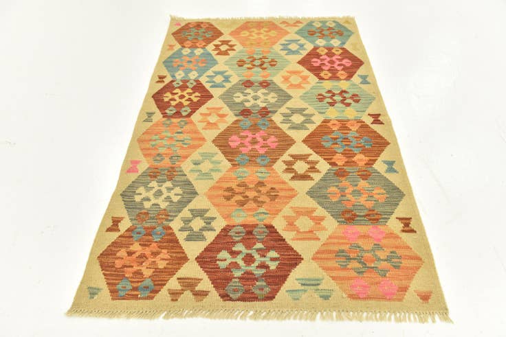 Detail image of 3' 2 x 4' 10 Hand Woven Kilim Maymana Wool Rug