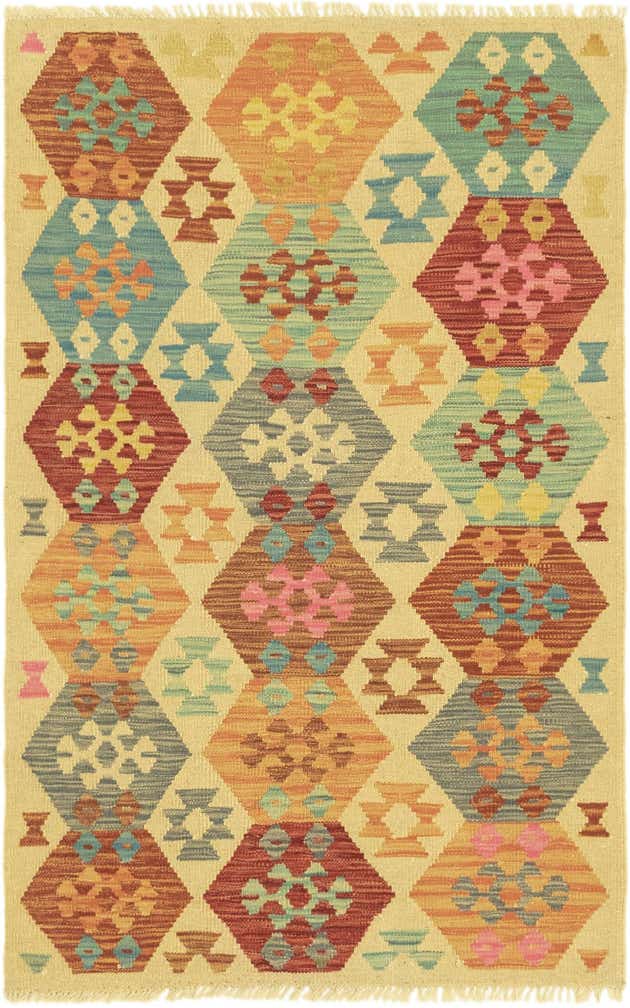 3' 2 x 4' 10 Hand Woven Kilim Maymana Wool Rug