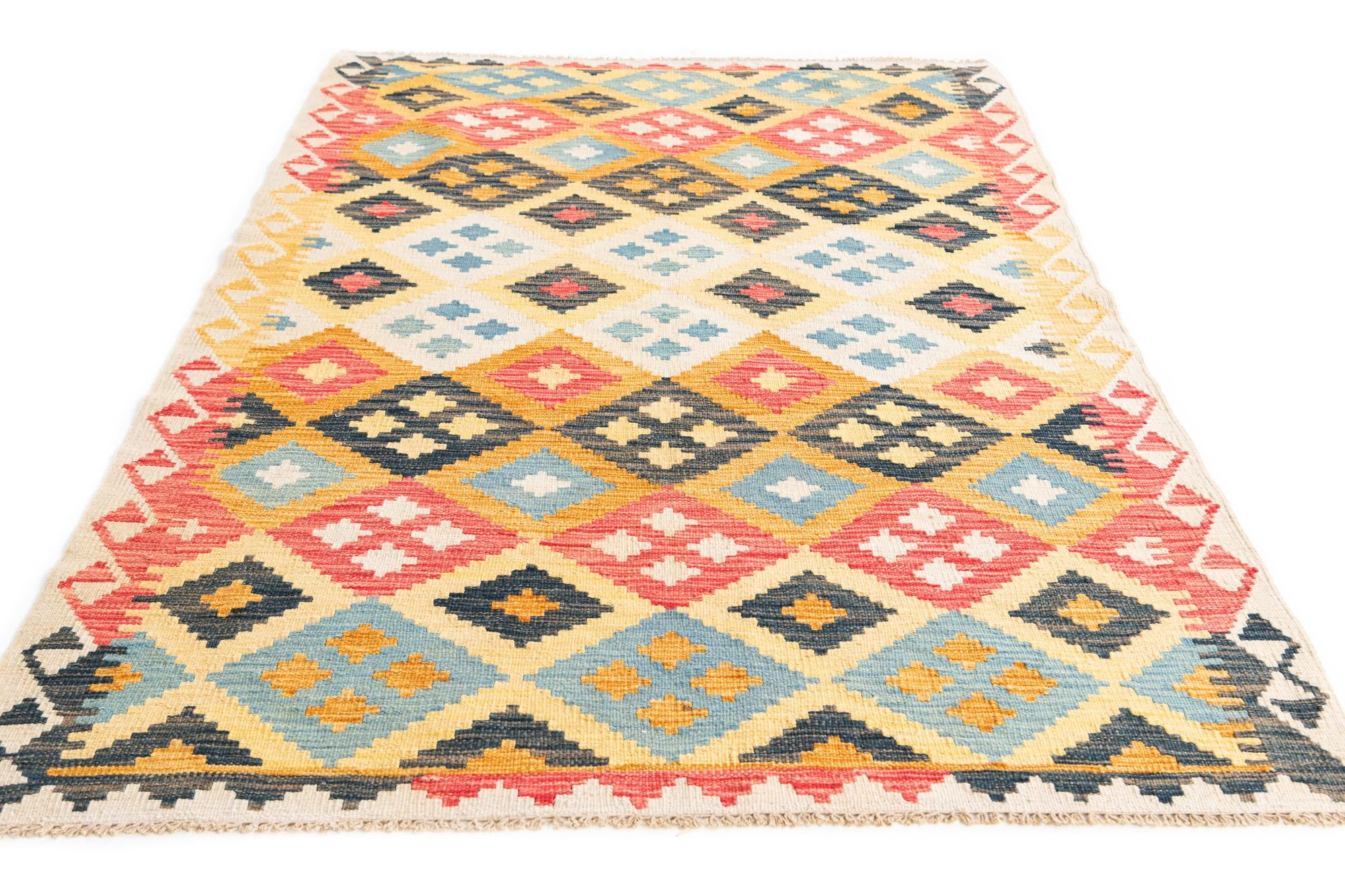 4' x 5' 4 Hand Woven Kilim Maymana Wool Rug