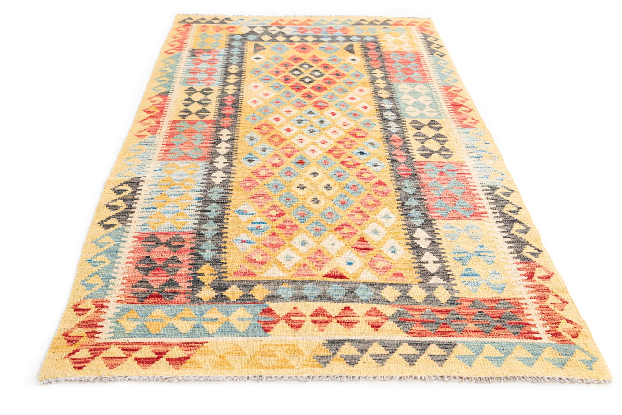 3' 7 x 6' 9 Hand Woven Kilim Maymana Wool Rug