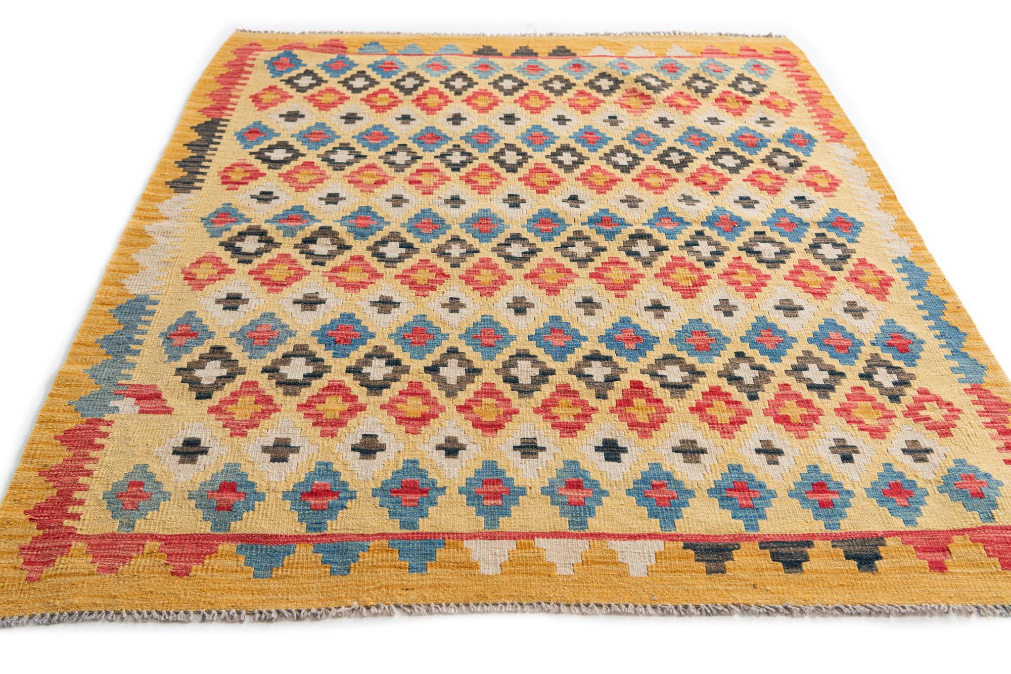 4' 3 x 5' 8 Hand Woven Kilim Maymana Wool Rug