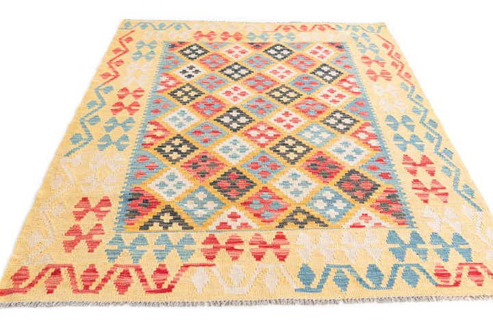 4' 3 x 5' 8 Hand Woven Kilim Maymana Wool Rug