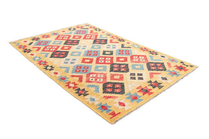 4' 1 x 6' 2 Hand Woven Kilim Maymana Wool Rug