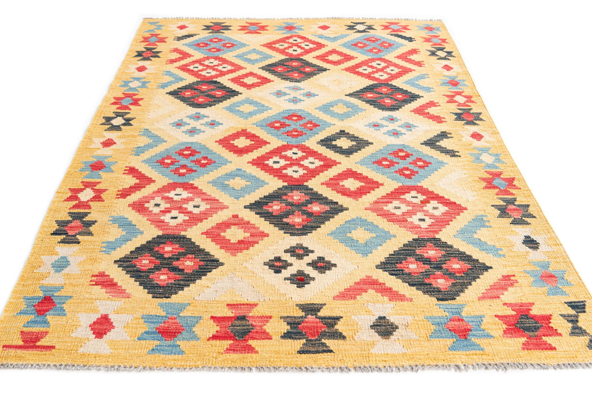 4' 1 x 6' 2 Hand Woven Kilim Maymana Wool Rug