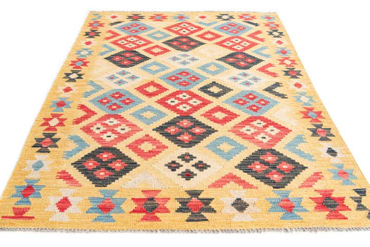 4' 1 x 6' 2 Hand Woven Kilim Maymana Wool Rug