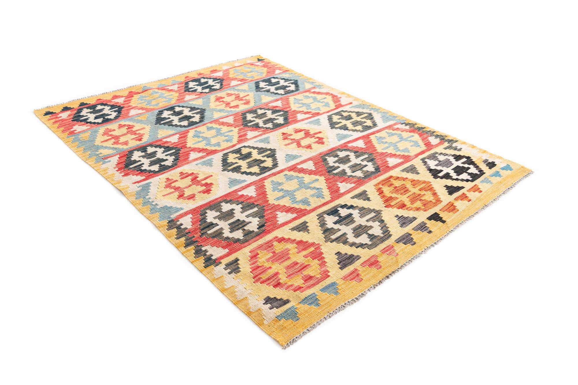4' 3 x 5' 10 Hand Woven Kilim Maymana Wool Rug