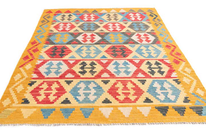 4' 3 x 5' 8 Hand Woven Kilim Maymana Wool Rug