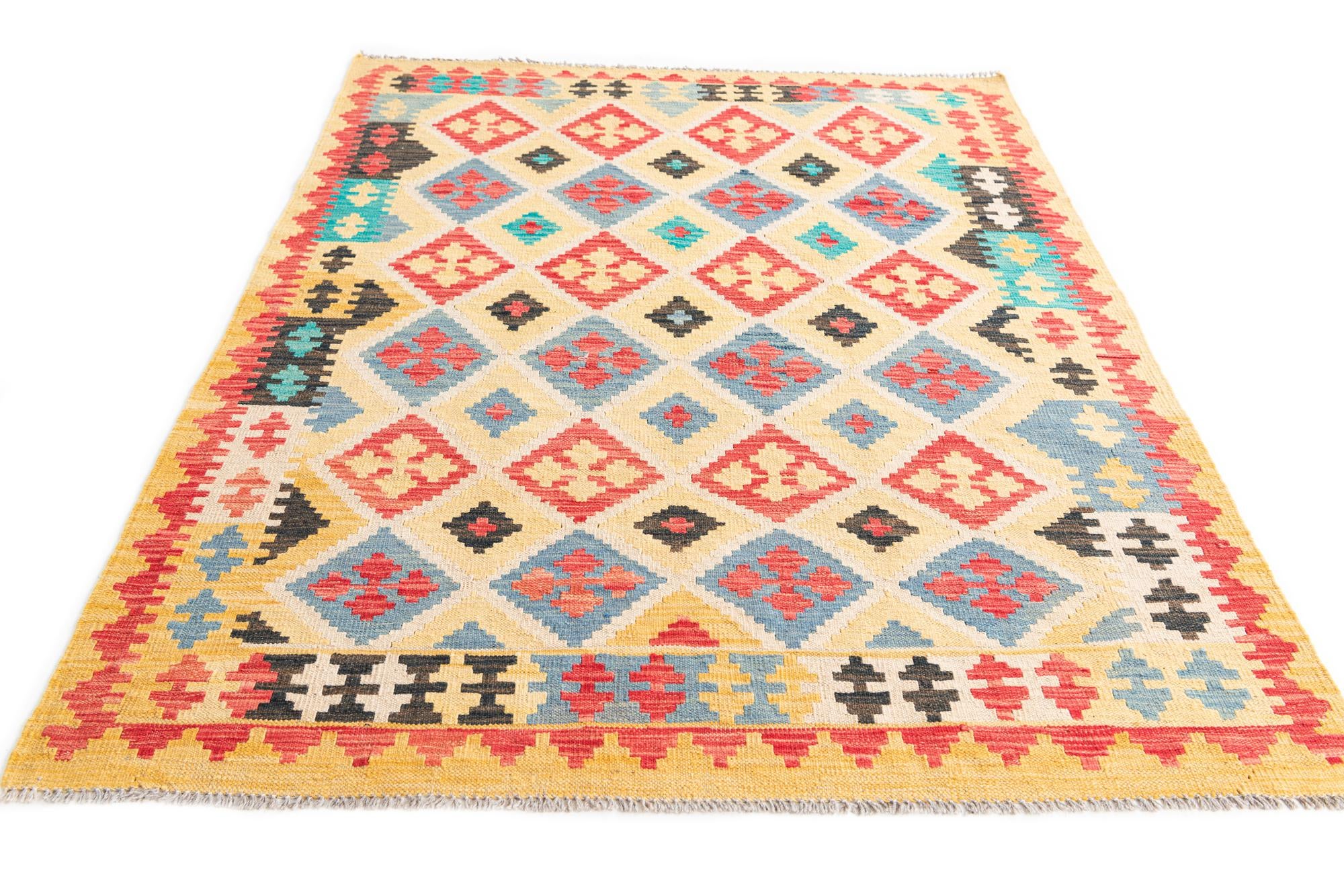 4' 3 x 5' 9 Hand Woven Kilim Maymana Wool Rug
