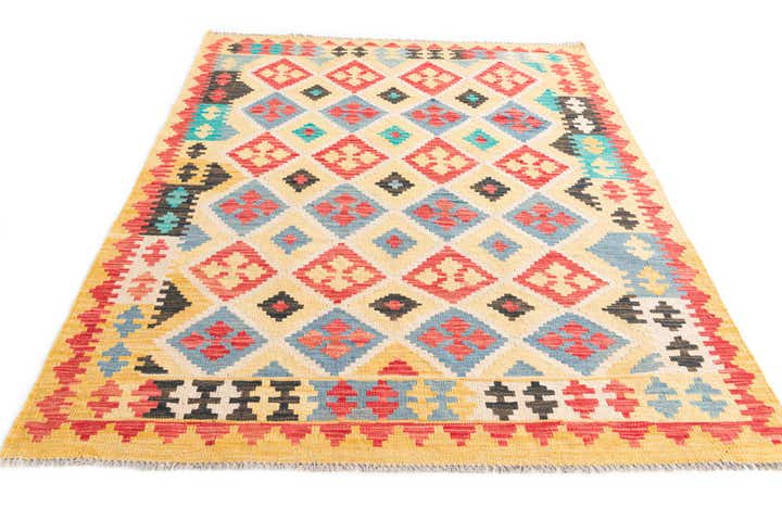 4' 3 x 5' 9 Hand Woven Kilim Maymana Wool Rug