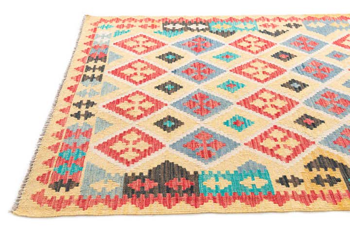 4' 3 x 5' 9 Hand Woven Kilim Maymana Wool Rug