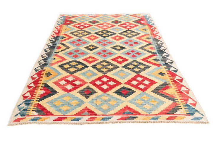 4' 2 x 6' 1 Hand Woven Kilim Maymana Wool Rug