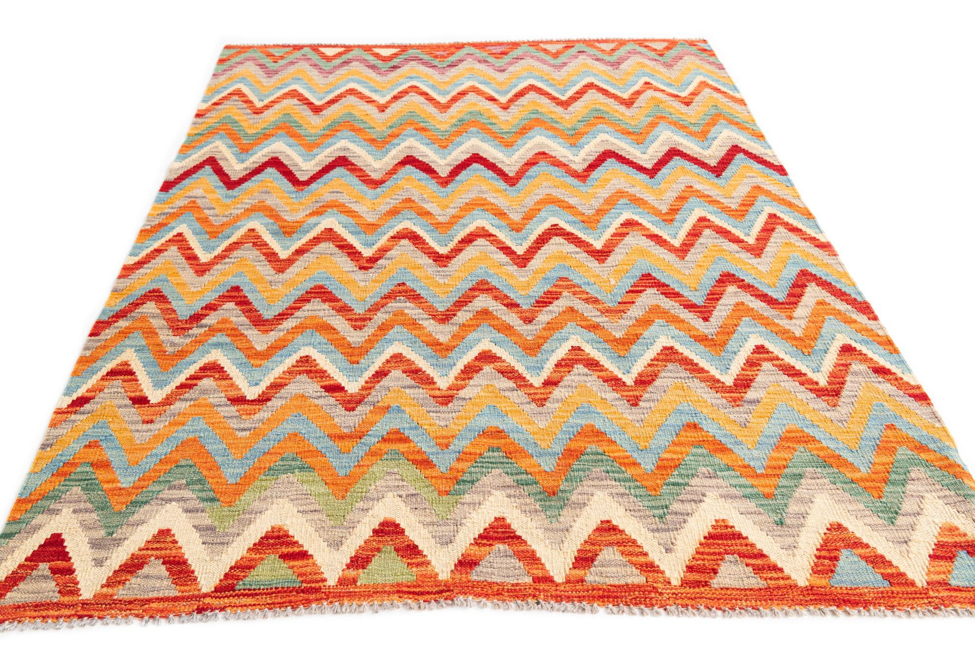 4' 3 x 5' 9 Hand Woven Kilim Maymana Wool Rug
